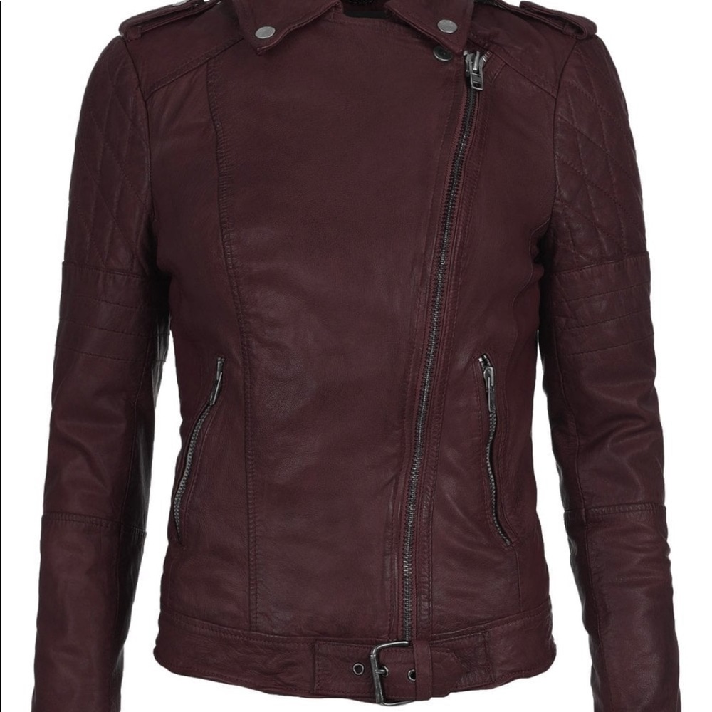 Muubaa Nido Leather Quilted Biker Jacket Deep Red - Picture 9 of 11